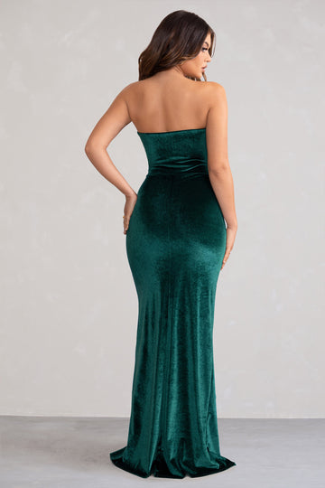 Belle Of The Ball Bottle Green Velvet Bandeau Maxi Dress With Split Hem